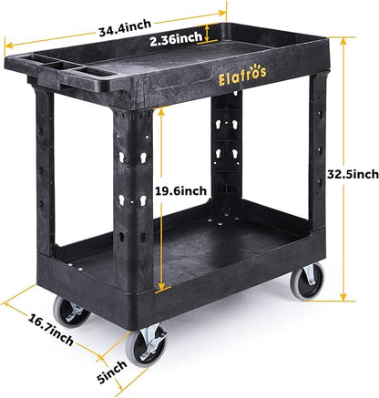 ELAFROS Heavy Duty Plastic Utility Cart 34 x 17 Inch - Work Cart Tub Storage W/Deep Shelves and Full Swivel Wheels Safely Holds up to 550 lbs - 2 Tier Service Cart for Warehouse,Garage, Cleaning