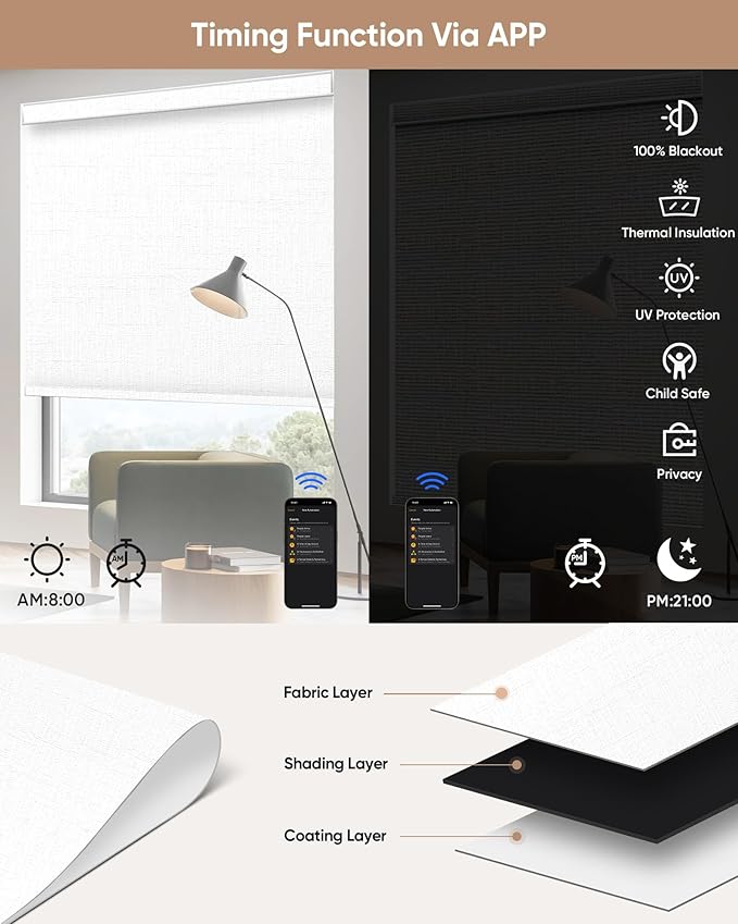 Kincmo Motorized Blinds with Remote,100% Blackout Motorized Roller Shades Work with Apple Homekit,Alexa,Google, Custom Electric Blinds with App,Voice Control (Aurora White)