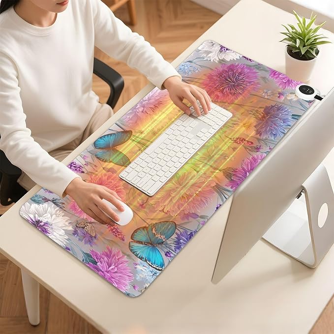 Heated Desk Pad Mouse Pad 31.5x13 Inch PU Leather Desk Mat with 3 Heat Levels Large Mouse Gaming Computer Laptop Mat Grey Pink Corflower Butterfly