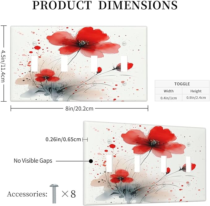 Vintage Watercolor Red Flowers Floral Light Switch Covers Quad Toggle 4 Gang Wall Plate Decorative Switch Plates Electrical Faceplate for Bedroom Bathroom Decor