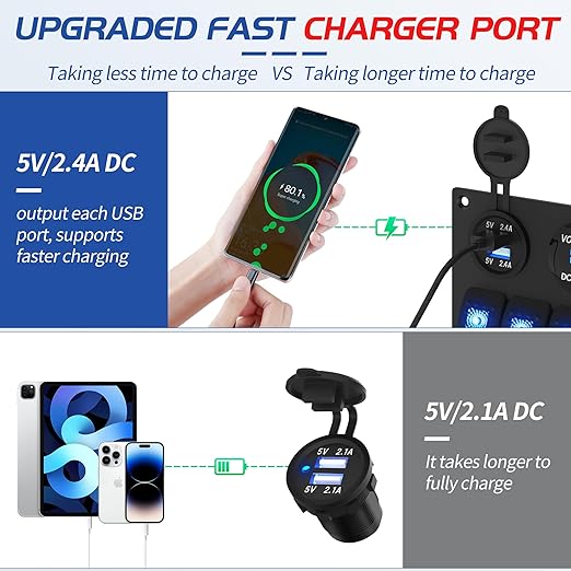 Marine Switch Panel Waterproof 12 Volt 5 Gang Rocker Switch Panel Blue Lighted with Dual USB Socket 4.8A & 12V LED Voltmeter & Cigarette Lighter Socket for Marine Boat Car RV Truck