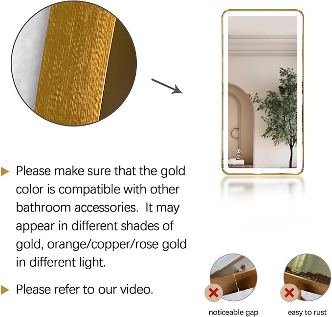 48"x24" Lighted Vanity Mirror with Lights, Gold Metal Frame Led Mirror for Bathroom, Anti-Fog Wall Mirror with Front and Backlit, Shatterproof, 3 Colors Stepless Dimmable, Horizontal/Vertical