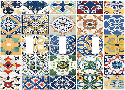 Decorative Switch Plates Moroccan Traditional Mexican Talavera Til 3 Gang Wall Plate Triple Toggle Light Switch Cover Faceplate Electrical Wall Panels for Kitchen Home Decor
