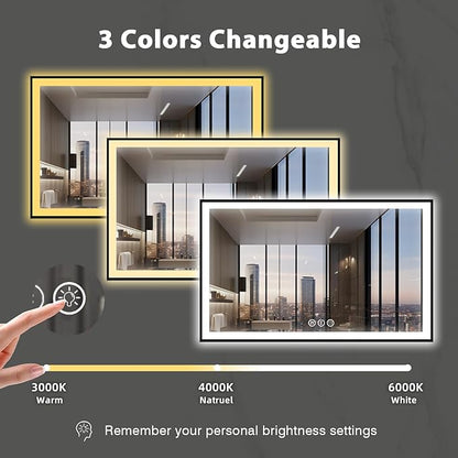 60x40 LED Mirror for Bathroom, Black Metal Framed, Vanity Mirror with Lights, 3 Color Modes, Dimmable CRI90+, Double Lights, Anti-Fog, Shatter-Proof, Waterproof, Memory (Horizontal/Vertical)