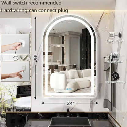 THEKLA 24 x 36 Inch Arched LED Bathroom Mirror with Light Arch LED Mirror for Bathroom Wall Mounted 36in Arched Lighted Mirror AntiFog Dimmable 3 Color Bathroom Smart LED Light up Vanity Arched Mirror