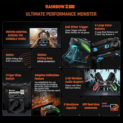 BIGBIG WON Wireless Controller, Rainbow 2 Pro PC Controllers Motion Aiming, Hall Triggers, ALPS Joystick, Custom Button, 3.5mm Audio Gaming Controller for PC Windows/Android/iOS/Switch Controllers