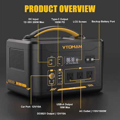 VTOMAN Jump 1800 Portable Power Station with Jumper Cables, 1548Wh LiFePO4 Battery Solar Generator & Car Jump Starter, 1800W 3xAC Outlets, 2xPD 100W Type-C, Large Capacity for Camping Roadside Rescue
