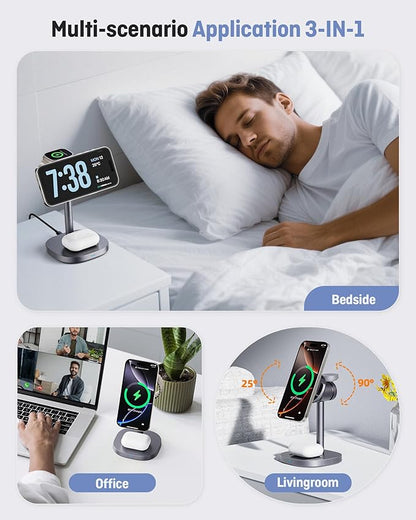 3 in 1 Wireless Charging Station, Qi2.2 25W Certified Fast Magnetic Charger, Mag-Safe Wireless Charger Stand with TEC Active Cooling, for iPhone17/16/15/14/13/12, Apple Watch/AirPods