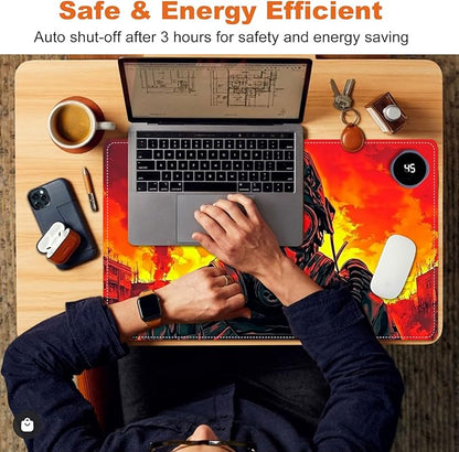 Small Heated Desk Pad 23.6" x 14.2" – Compact Electric Mouse Pad with 3 Heating Levels, Auto Shut-Off, Waterproof PU Surface, Plug-in Warmer for Office or Home Use, Mask Soldier