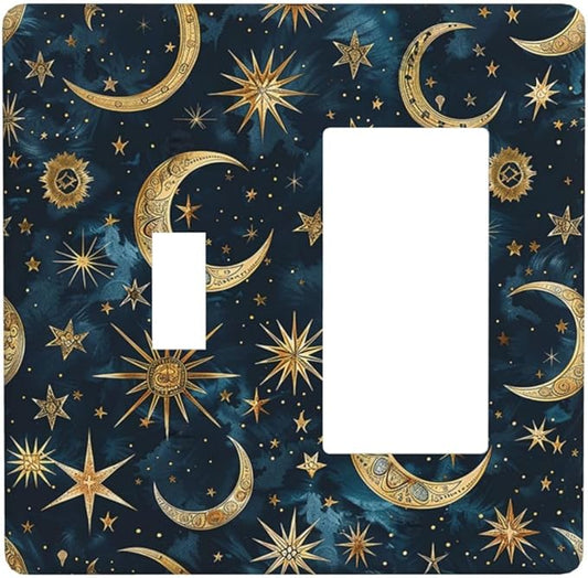 Outlet Covers Modern Abstract Sky Blue Gold Moon Sun Star 1 Toggle 1 Rocker Combination Decorative Wall Plate Electrical Switch Plates Light Switch Cover Plate for Bedroom Kids room Decor