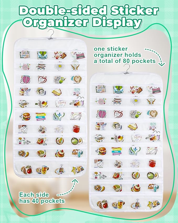 UCEC 2Pack Hanging Sticker Display Stand Double-Sided 80 Pocket Hanging Sticker Holder Organizer with Transparent Pockets, Portable Sticker Store for Classroom, Vendors, and Jewelry Organizer (White)