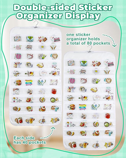 UCEC 2Pack Hanging Sticker Display Stand Double-Sided 80 Pocket Hanging Sticker Holder Organizer with Transparent Pockets, Portable Sticker Store for Classroom, Vendors, and Jewelry Organizer (White)