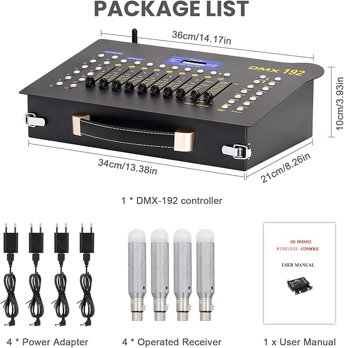 DMX512 Controller Stage DJ Light Console Lighting Mixer Board Console Wireless DMX Transmitter Receivers Set 192 Channels for Party DJ Disco Lights Show Night DJs KTV Bars Moving Heads