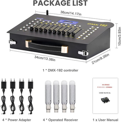 DMX512 Controller Stage DJ Light Console Lighting Mixer Board Console Wireless DMX Transmitter Receivers Set 192 Channels for Party DJ Disco Lights Show Night DJs KTV Bars Moving Heads