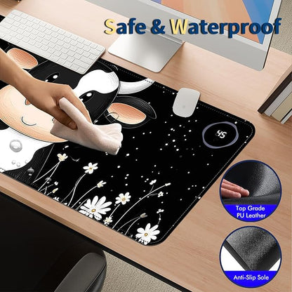 Heated Mouse Pad with 3 Temperature Settings(104°F–122°F),Large 31.5x13 Inch PU Leather Heated Desk Mat,Waterproof Warming Pad for Office,Gaming & Cold Hands Relief,Cute Black White Cow
