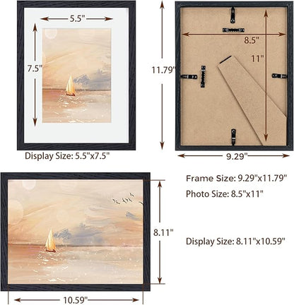 Fun Memories Solid Oak Wood Frame 8.5x11 With Real Glass - Display Poster 6x8 With Mat or 8.5x11 Without Mat - Wall Display Photo Frames, Black Color, 3 Pack