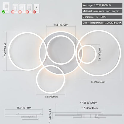 O'NEELDY Modern LED Ceiling Light White Flush Mount Ceiling Lights Fixtures Dimmable 47" Dining Room Light Fixture with Remote 6 Rings Kitchen Lighting Fixtures Ceiling Lamp for Bedroom,Living Room