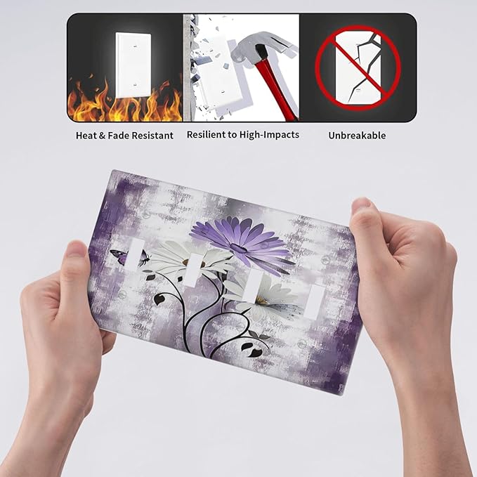 Light Switch Cover Plate Purple Daisy White Floral Butterfly Flowers Quad Toggle Wall Plates Decorative Switch Plates 4 Gang Outlet Covers Electrical Panel Cover Faceplate for Home Decor 4.5 X 8 IN