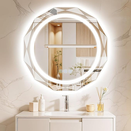 32 Inch Round LED Bathroom Mirror with Lights, Frameless Vanity LED Mirror for Bathroom with Beveled Edge, Backlit Anti-Fog, Dimmable, 3 Colors, Memory Function, Tempered Glass, Shatter-Proof