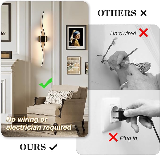 Battery Operated Wall Sconces Set of Two with Remote Control, Dimmable/3 Color/Night-Light/Timer/Memory, Black Modern Wireless LED Sconce for Living Room, Hallway, Bedroom, 39.3 Inch (2 Pack)