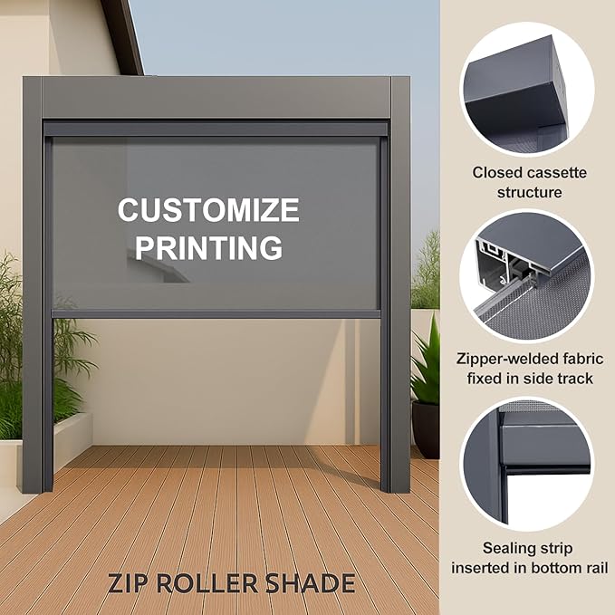 ZSHINE Hard-Wired Outdoor Snow Blocking Weatherproof Motorized Patio Roller Shades Remote Control for Porch Balcony Customized Size (Printing 10% Openness)