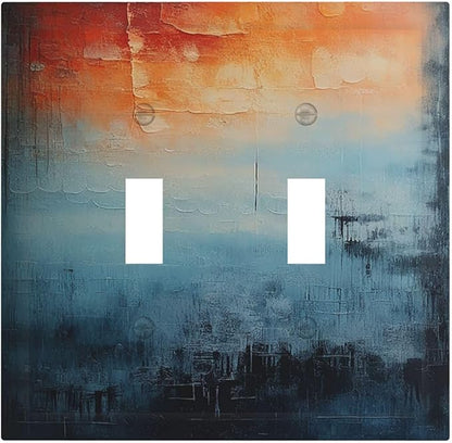Blue Orange Abstract Modern Minimalist Oil Painting 2 Gang Double Toggle Light Switch Cover Decorative Switchplate Electrical Wall Plates Faceplate for Bathroom Bedroom Decor 4.9 X 5 IN