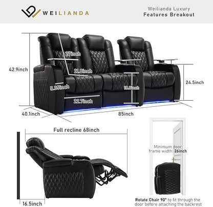 Weilianda Home Theater Seating Top Grain Leather Zero Gravity Recliner Chair Power Headrest Recline Movie Seat Gaming 7 Colors Mood Light Sofa with Tray Table USB Charge Row of 3 Loveseat Left Black