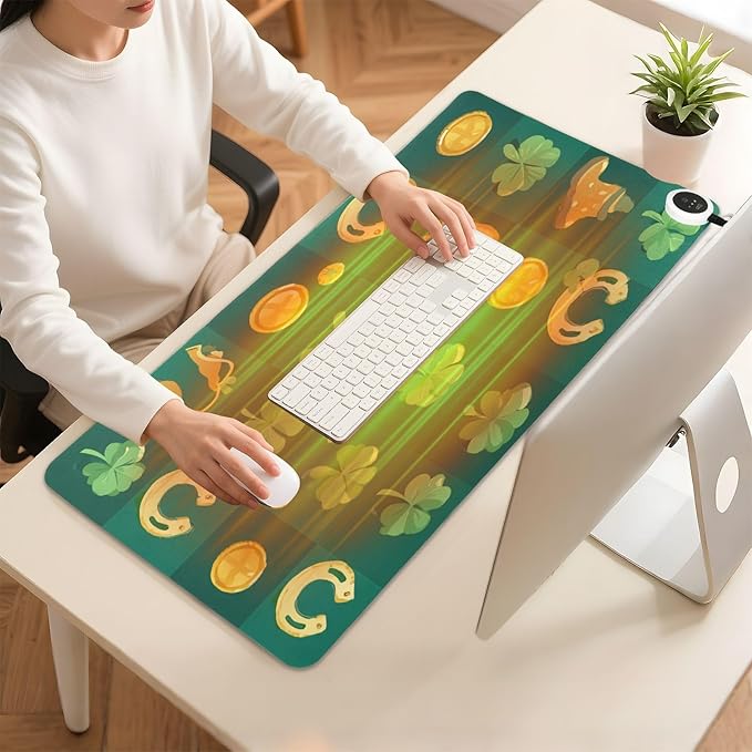 Heated Desk Pad Mouse Pad 31.5x13 Inch PU Leather Desk Mat with 3 Heat Levels Large Mouse Gaming Computer Laptop Mat Clover Dwarf St Patrick's Day