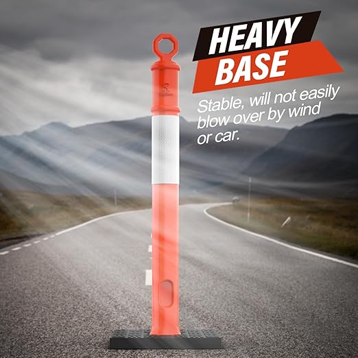 RoadHero 45 Inch Delineator Post with Base, Portable Orange Traffic Delineator Posts Cones with Reflective Collars for Parking Lots, Road Safety, Construction Events 3 Pack