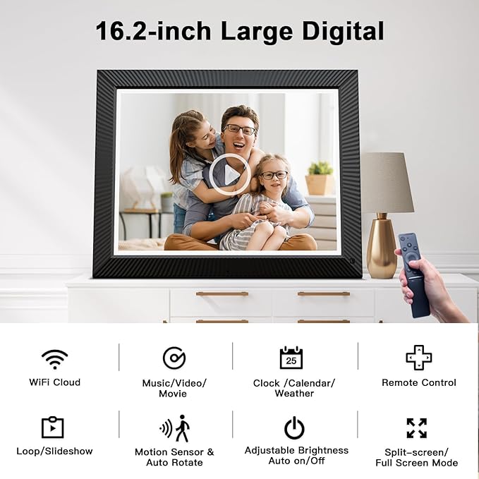 Large Digital Photo Frame 16.2"-Digital-Picture-Frame - 32GB Dual-WiFi Digital Frame, No Touch Screen, Slideshow, Load Photo Video from Phone via APP Email, Free Cloud Storage, Gift for Mom Dad