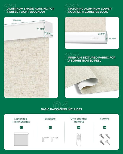 Allesin Motorized Roller Blinds – Rechargeable Smart Shades with Remote & Quiet Motor, Top/Bottom Aluminum Rails, Alexa-Compatible for Window (34.5" W x 72" H, 100% Blackout Sand-Linen)
