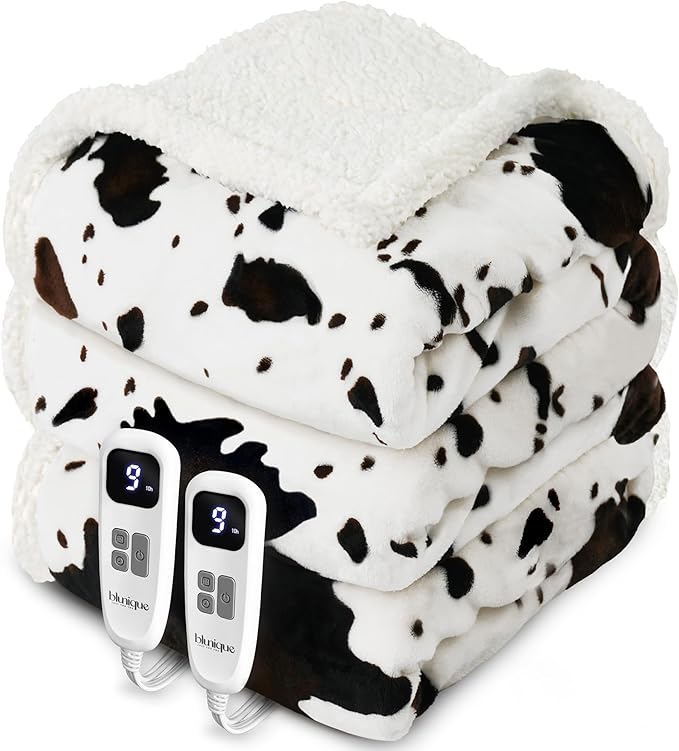 Cow Print Heated Electric Blanket King Size-Dual Control Heating Blanket King Size with 10 Heat Levels & 10 Hours Auto-Off, Cozy Soft Fleece Sherpa, Washable, 90x100 Inches Cow Print White