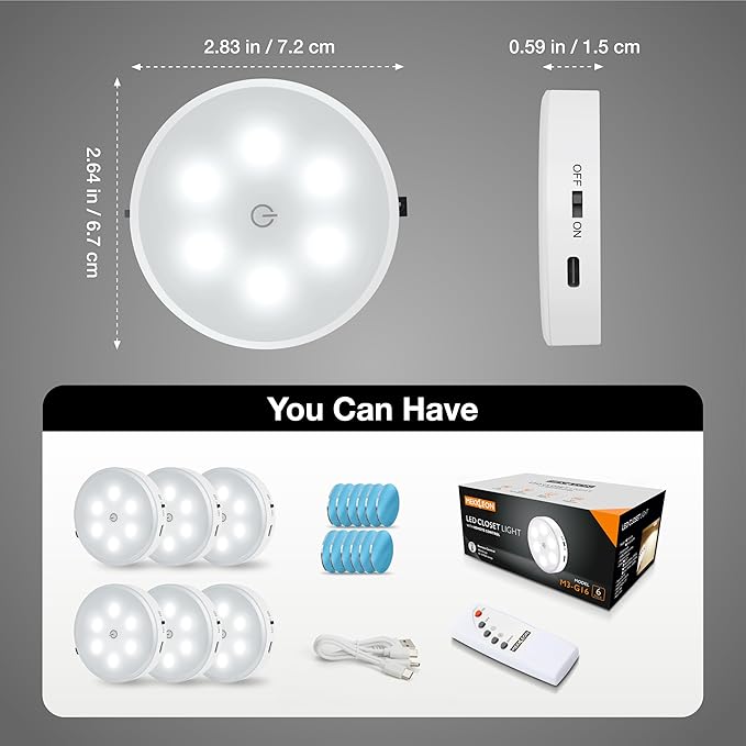 Puck Lights with Remote Control,1000mAh Rechargeable Under Cabinet Lighting,LED Closet Lights,3Pack Night Light,Cordless Stick On Lights for Under Cabinet,Hallway, Stairway,Closet (Cool White-6pcs)