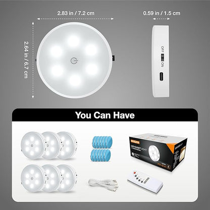 Puck Lights with Remote Control,1000mAh Rechargeable Under Cabinet Lighting,LED Closet Lights,3Pack Night Light,Cordless Stick On Lights for Under Cabinet,Hallway, Stairway,Closet (Cool White-6pcs)