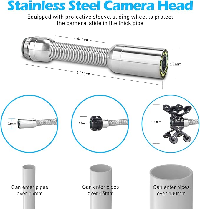 Sanyipace Sewer Camera 65FT/20M with WiFi Wireless Transmission, Drain Camera with Lights, Pipe Sewer Scope Inspection Camera with IP68 Waterproof Camera Probe, 7" Color Screen, Camera Guide Wheel