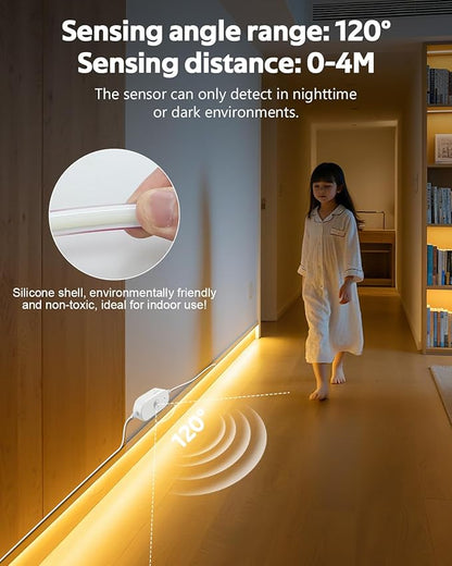 AC 110V Motion Sensor COB LED Strip Light Outdoor Waterproof 40FT/12M Plug In Warm White 3000K High Density 288LED/M Adjustable Time-Delay Flexible Motion Activated Led Light Strip for Cabinet Stairs
