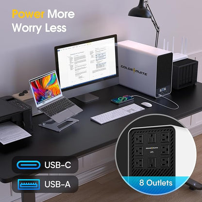 GOLDENMATE 1500VA/1000W Lithium UPS Battery Backup and Surge Protector, Backup Battery Power Supply with LiFePO4 Batteries(296Wh), AVR, Line Interactive Sinewave UPS System, 8 Outlets, LCD Display