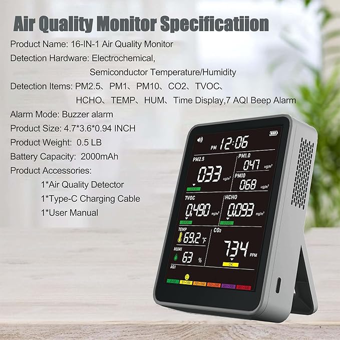 Professional Indoor Air Quality Monitor with AQI, Portable Real-Time Detector for Home Cars Plants and Pets (Gray)