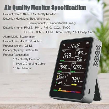 Professional Indoor Air Quality Monitor with AQI Beep Alarms, Portable Real-Time Detector for Home Cars Plants and Pets (Gray)