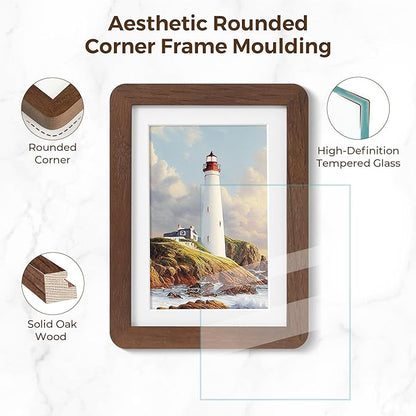 Solid Oak Wood 12x16 Picture Frame, Farmhouse 12 x 16 Wooden Frames, 12x16 Frame Matted to 8.5x11, Tempered Real Glass, 12"x16" Frames Minimalist Art Frame for Home Deocr, Walnut Color, 1 Pack