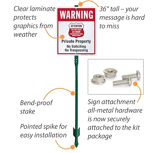 SmartSign 12" x 10" 'Warning - Private Property, No Soliciting/Trespassing, Area Under Surveillance' Yard Sign with 3 ft Stake, 40 mil Laminated Rustproof Aluminum, Red/Black/White, USA-Made