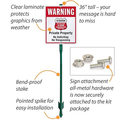 SmartSign 12" x 10" 'Warning - Private Property, No Soliciting/Trespassing, Area Under Surveillance' Yard Sign with 3 ft Stake, 40 mil Laminated Rustproof Aluminum, Red/Black/White, USA-Made