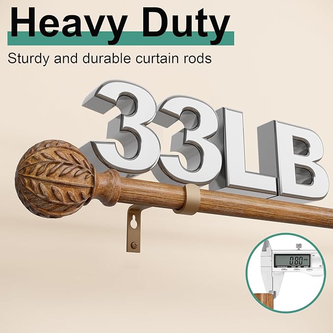 Boho Wood Curtain Rods for Windows 66 to 120 inch,1" Adjustable Heavy Duty Window Curtain Rod with Imitation Wood Grain Finials,Rustic Decorative Drapery Rods Set,Size:36-120'',Natural Wood