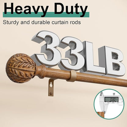 Boho Wood Curtain Rods for Windows 72 to 144 inch,1" Adjustable Heavy Duty Window Curtain Rod with Imitation Wood Grain Finials,Rustic Decorative Drapery Rods Set,Size:36-150'',Natural Wood