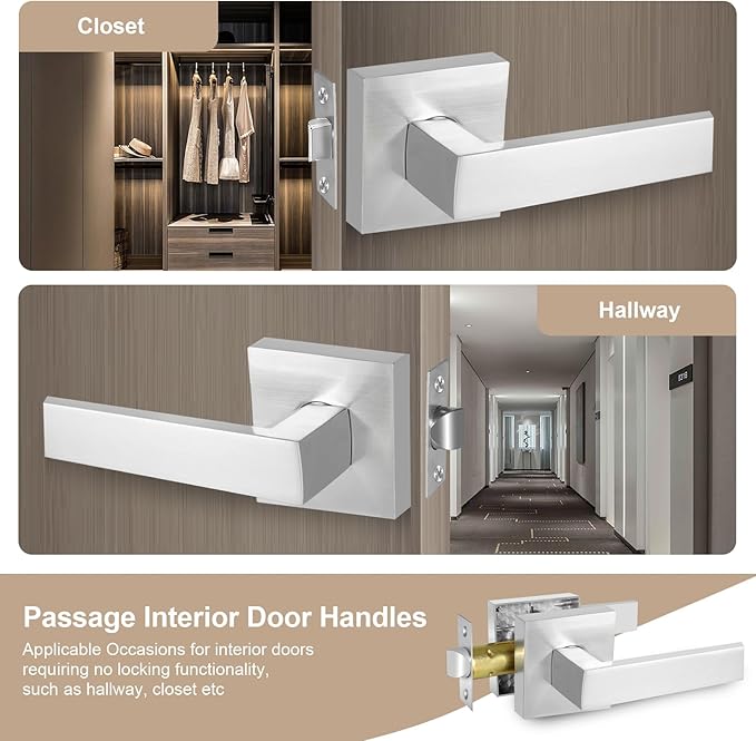 Square Passage Door Lever, Heavy Duty Interior Door Handles for Hallway& Closet Non-Locking Door Knob in Satin Nickel Keyless Door Lockset for Right & Left Side Door, 6 Pack