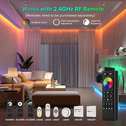 5in1 WB5 2.4GHz WiFi PWM LED Controller Compatible with Alexa Google Home Smart Life Tuya APP for Dimming CCT RGB RGBW RGBCCT LED Strip Light Controller Works with WR01RF WR02RF, DC12V-24V