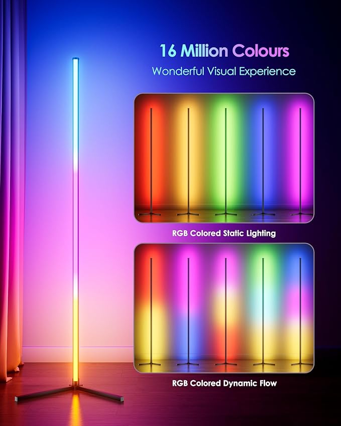 Corner Floor Lamp, 65" Smart RGB Color Changing LED Floor Lamp with APP and Remote Control, Modern Mood Lighting Corner Lamp with Music Sync, DIY Mode & Timing for Living Room Gaming Room