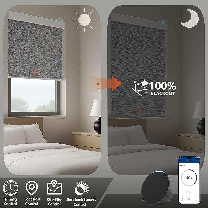 Smart Motorized Blinds – 100% Blackout Roller Shades with Remote, Alexa/Google Home/Siri Control, Matter Compatible, Wireless Rechargeable Battery, Custom Sizes for Windows & Sliding Doors