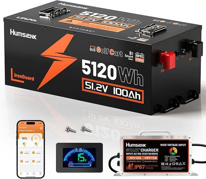 48V 100Ah Golf Cart Battery with Cylindrical Cell & Metal Case, LiFePO4 Lithium Battery with 15A Charger, Bluetooth APP & LCD Monitor, 15000+ Cycles, 200A BMS with Low-Temp Protection for Golf Carts