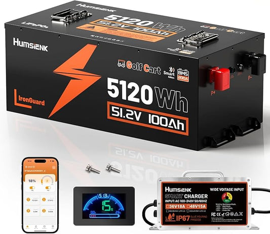 48V 100Ah Golf Cart Battery with Cylindrical Cell & Metal Case, LiFePO4 Lithium Battery with 15A Charger, Bluetooth APP & LCD Monitor, 15000+ Cycles, 200A BMS with Low-Temp Protection for Golf Carts